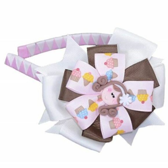 Girl's Headband Flower Design Pink White & Brown with Doll Face Charm - Picture 2 of 2